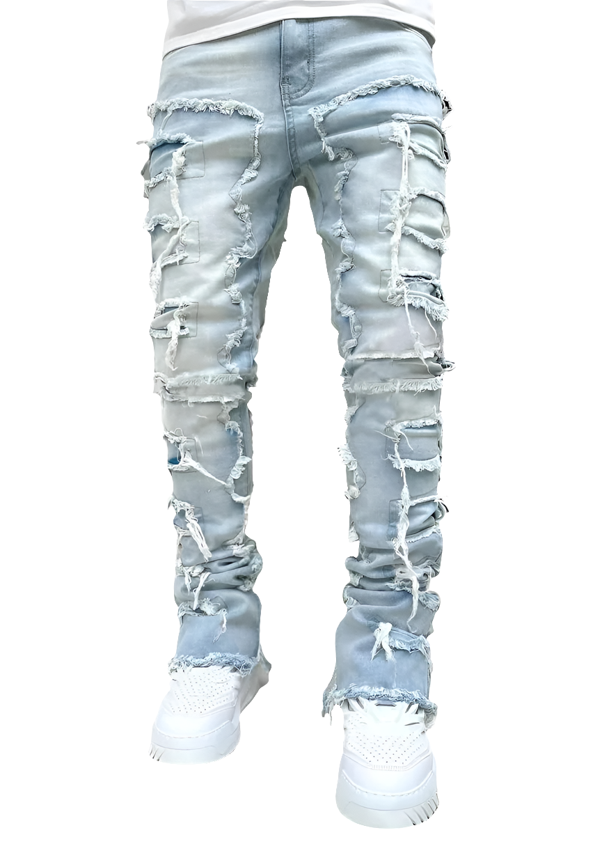 Jean extensible à la mode pour hommes - Redéfinissez votre style avec ce jean empilé et tendance. Conçu pour le confort et l’élégance, il présente une taille élastique qui assure un ajustement parfait. La coupe droite classique est rehaussée par un design