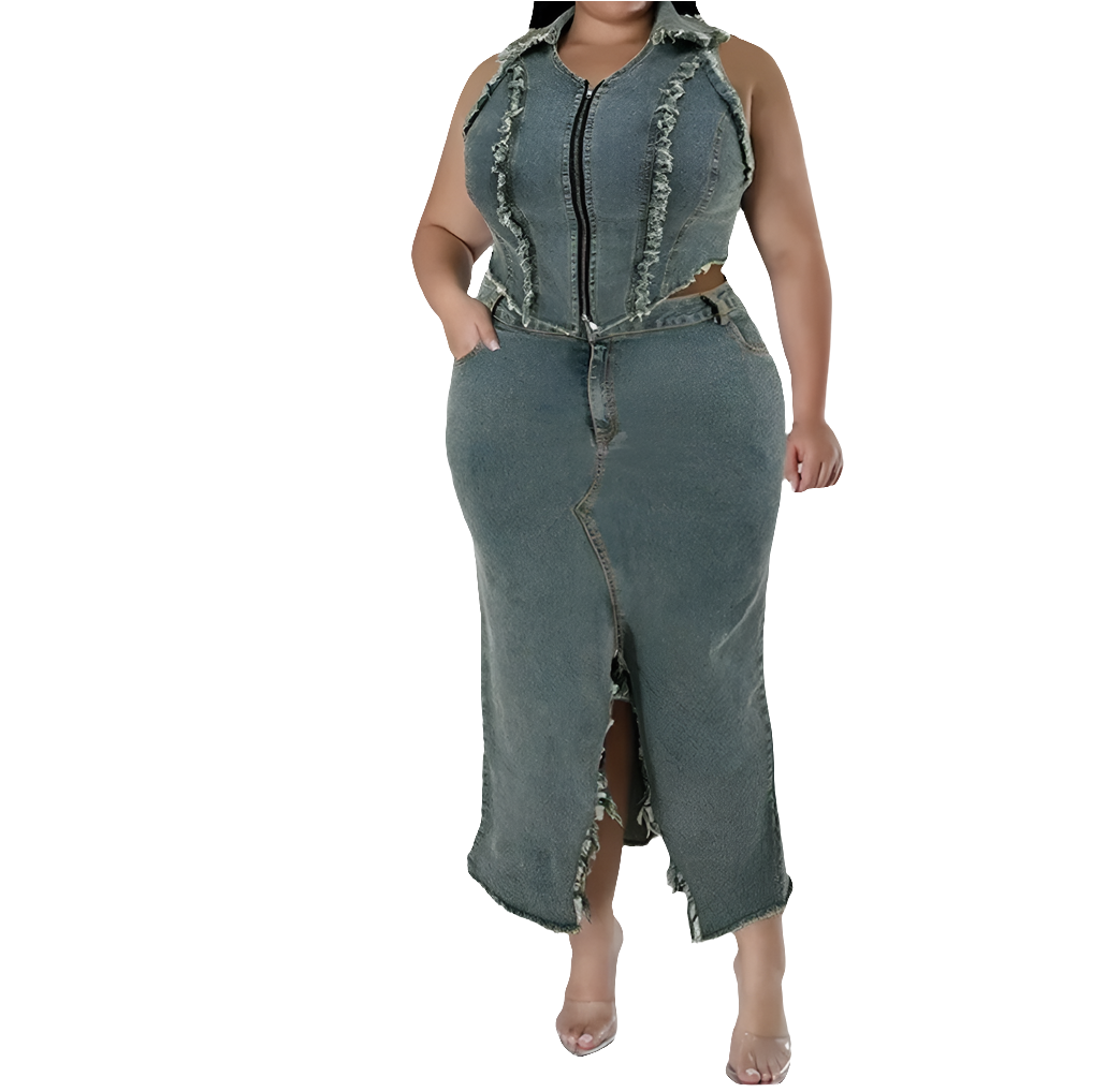 Ensemble deux pièces en denim pour femme - Grande taille - Cet ensemble est l’incarnation du style décontracté-chic pour le printemps et l’été. Composé d’un haut sans manche en denim léger et d’une maxi jupe assortie, il offre une silhouette fluide et aér