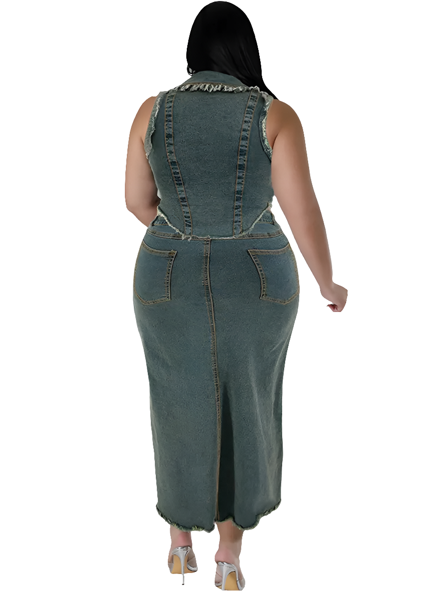 Ensemble deux pièces en denim pour femme - Grande taille - Cet ensemble est l’incarnation du style décontracté-chic pour le printemps et l’été. Composé d’un haut sans manche en denim léger et d’une maxi jupe assortie, il offre une silhouette fluide et aér